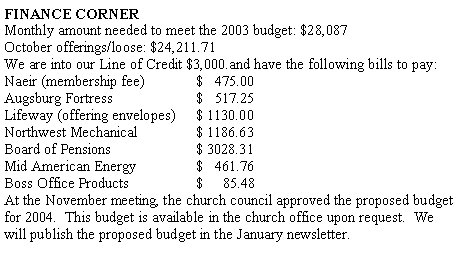 Text Box: FINANCE CORNERMonthly amount needed to meet the 2003 budget: $28,087October offerings/loose: $24,211.71We are into our Line of Credit $3,000.and have the following bills to pay:Naeir (membership fee)		$   475.00	Augsburg Fortress 		$   517.25	Lifeway (offering envelopes)	$ 1130.00Northwest Mechanical		$ 1186.63	Board of Pensions		$ 3028.31Mid American Energy		$   461.76Boss Office Products		$     85.48At the November meeting, the church council approved the proposed budget for 2004.  This budget is available in the church office upon request.  We will publish the proposed budget in the January newsletter.